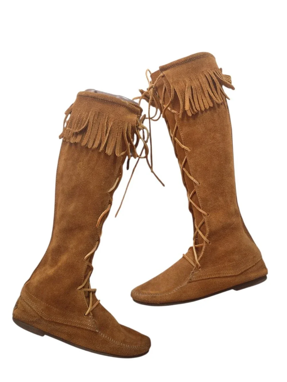 Minnetonka Chestnut Suede Fringed Lace-Up Knee-High Boots